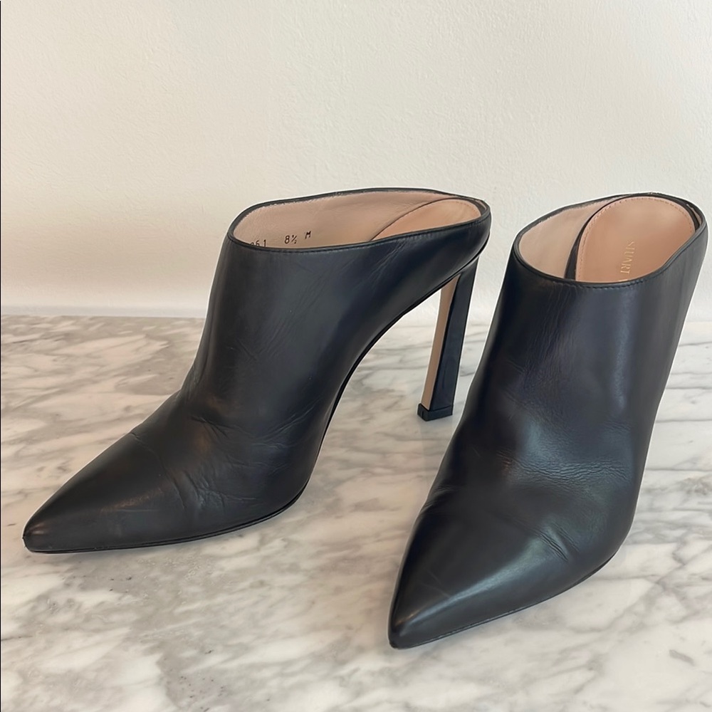 Stuart Weitzman Black Leather Mules.